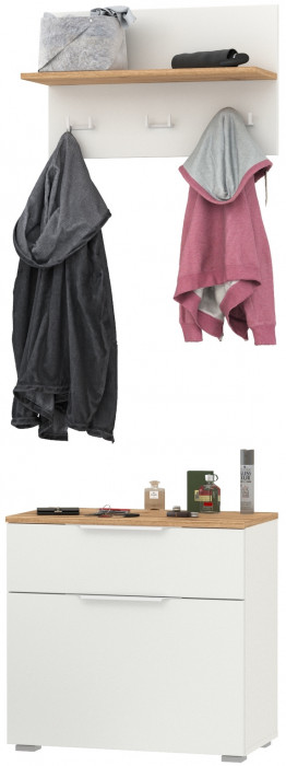 Октава 16.127 Тумба для обуви + 15.14.01 Вешалка, белый шагрень/дуб крафт золотой/фасады МДФ белый шагрень