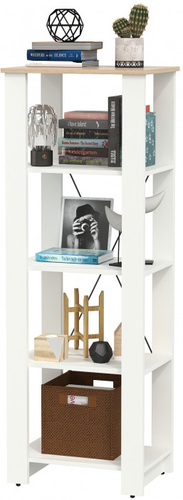 Джастин 13.354 Стеллаж открытый, цвет белый шагрень/дуб белый эксклюзив, ШхГхВ 54,8х38,9х153 см., регулируемые опоры