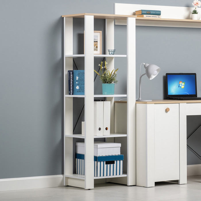 Джастин 13.354 Стеллаж открытый, цвет белый шагрень/дуб белый эксклюзив, ШхГхВ 54,8х38,9х153 см., регулируемые опоры