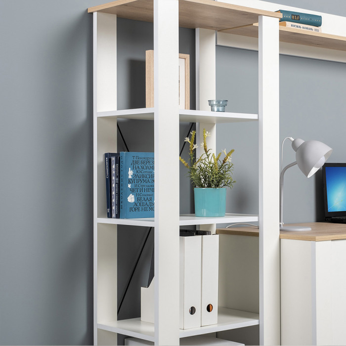 Джастин 13.354 Стеллаж открытый, цвет белый шагрень/дуб белый эксклюзив, ШхГхВ 54,8х38,9х153 см., регулируемые опоры