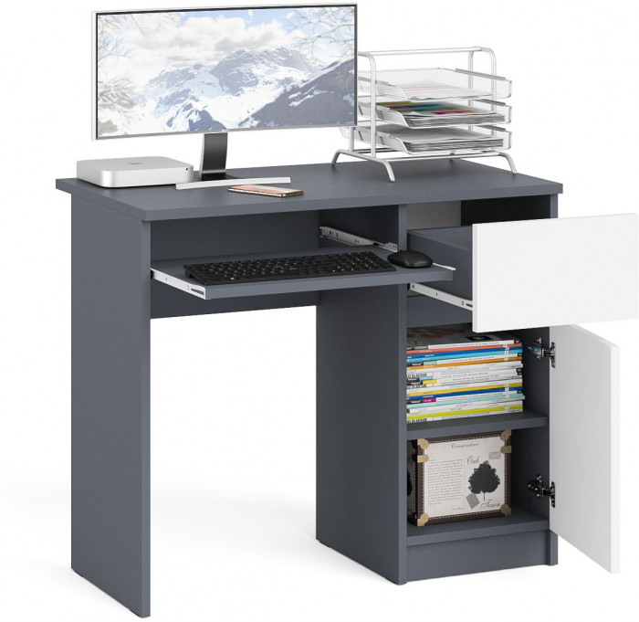 Мори Стол компьютерный МС-1 правый, цвет графит/белый, ШхГхВ 90х50х76,6 см., выдвижной ящик справа, НЕ универсальная сборка