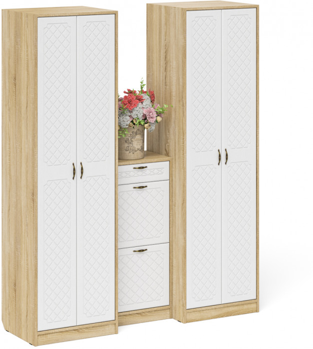 Прихожая П-6 Компоновка № 13, цвет дуб сонома/фасады МДФ белое дерево фрезеровка ромб, ШхГхВ 170х50х210 см., универсальная сборка