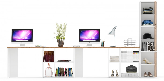 Лидер-8 Стол + Стол + Пенал МД 22Б, цвет белый шагрень/крафт золото, ШхГхВ 370х50/37,5х75/190 или 230х120/50х75/190 см., НЕ универсальная сборка