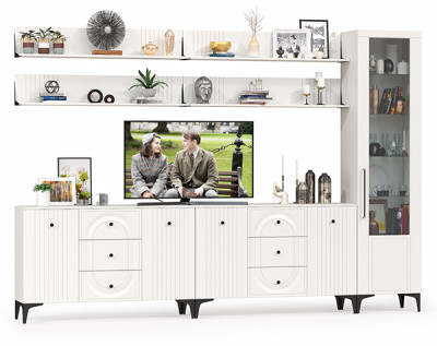 Валенсия Гостиная № 119, цвет ЛДСП белый шагрень/МДФ белый шагрень, ШхГхВ 321,3х38,4х225,2 см., универсальная сборка