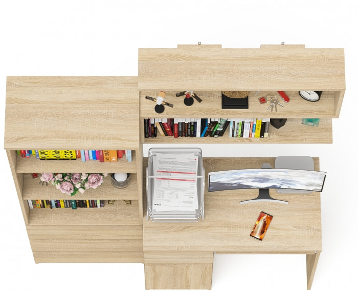 Мори Стол компьютерный МС-1 левый + Стеллаж МСТ600.3 + Полка 900, цвет дуб сонома, ШхГхВ 150,4х50х209,6 см., НЕ универсальная сборка