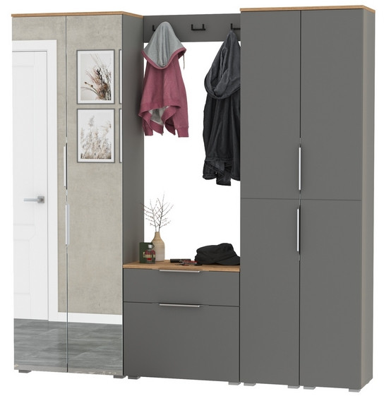 Октава Прихожая 30, цвет серый графит/дуб крафт золотой/фасады МДФ серый графит, ШхГхВ 193,7х35,4х197,6 см., универсальная сборка