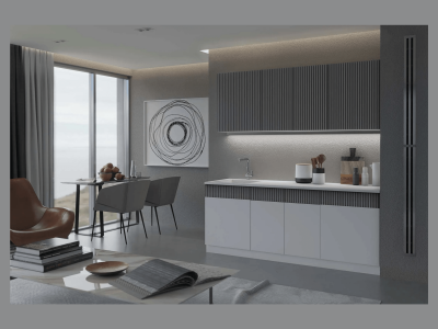 Кухня МДФ Оливия 2000 Белый снег софт / Графит софт, Антарес