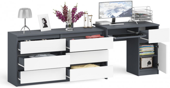 Мори компьютерный стол МС-1 правый + Комод МК1380.6, графит/белый
