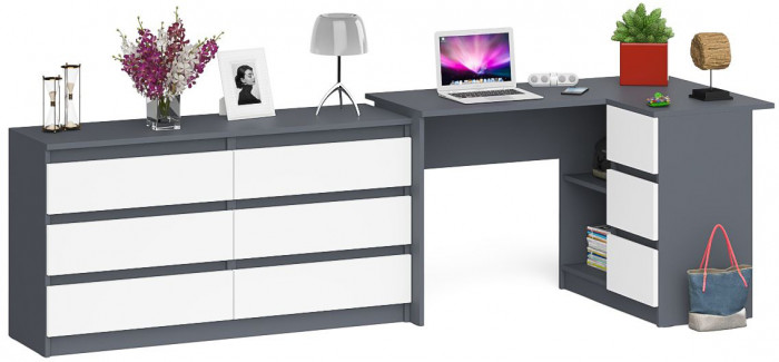 Мори компьютерный стол МС-16 правый + Комод МК1380.6, графит/белый