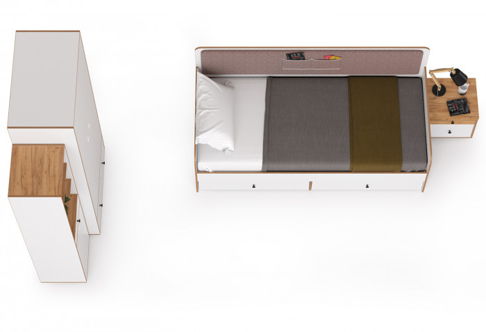 Вуди Компоновка № 40, цвет белый премиум/дуб крафт золотой/саванна латте, сп. м. 900х2000 мм., б/м, основание есть, матрас высотой до 200 мм.