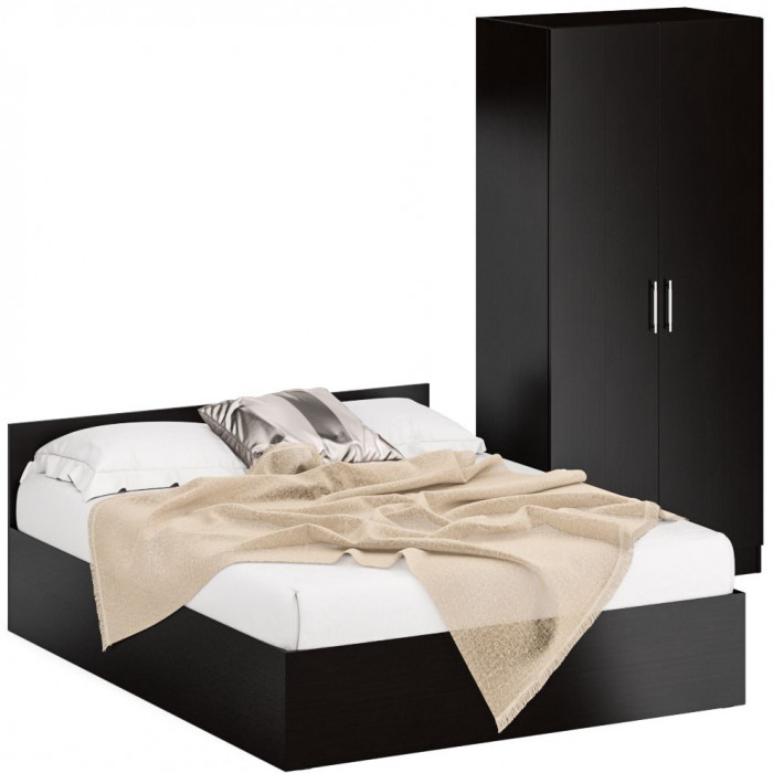 Кровать 1400 + Шкаф 2-х створчатый Стандарт, цвет венге, ШхГхВ 143,5х203,5х70 + 90х52х200 см., сп.м. 1400х2000 мм., без матраса, основание есть
