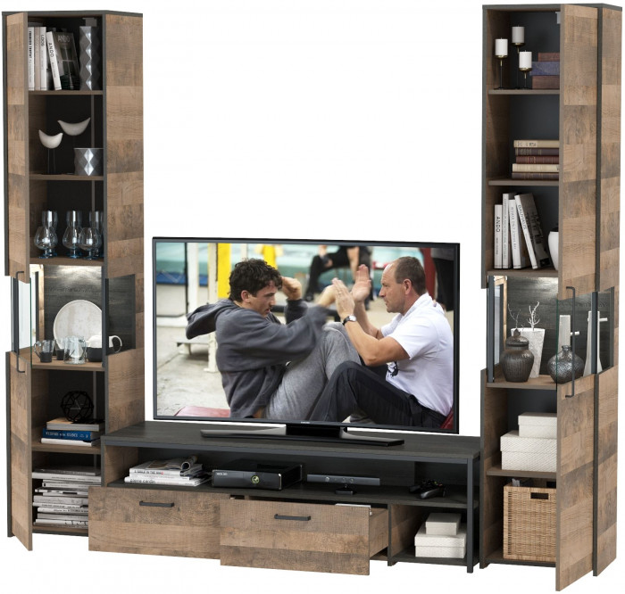 Трувор Гостиная 018, цвет дуб гранж песочный/интра, ШхГхВ 239,4х45,4х210 см., универсальная сборка