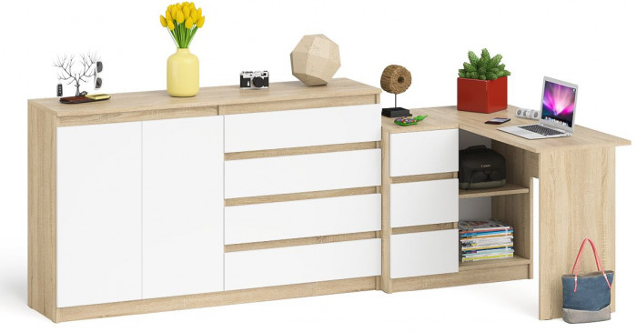 Мори компьютерный стол МС-16 левый + Комод МК1600.1, дуб сонома/белый