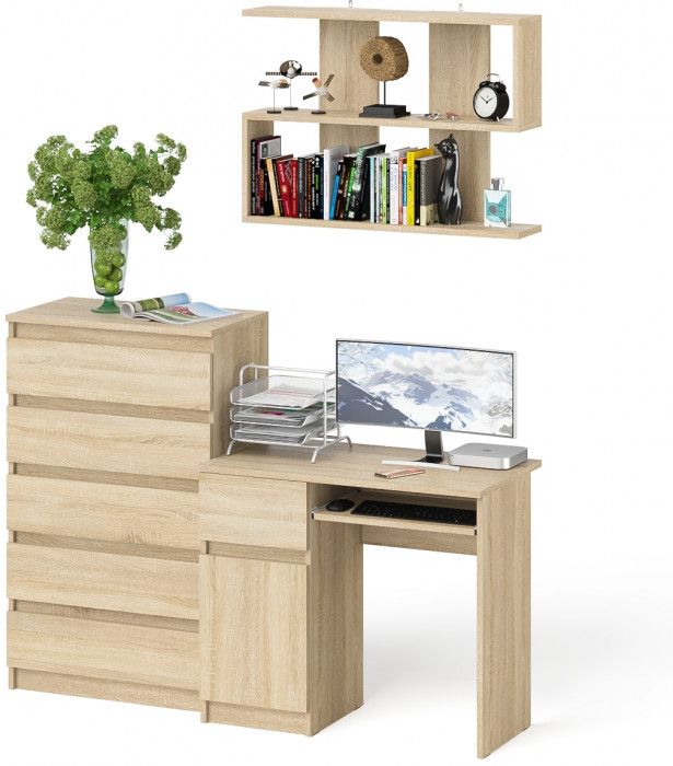 Мори компьютерный стол МС-1 левый + Комод МК700.5 + Полка 900, дуб сонома