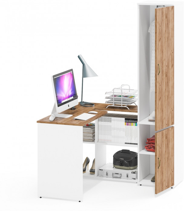 Лидер-8 Стол + Пенал МД 21Б, цвет белый шагрень/крафт золото, ШхГхВ 205х50/37,5х75/190 или 115х50/120х75/190 см., НЕ универсальная сборка