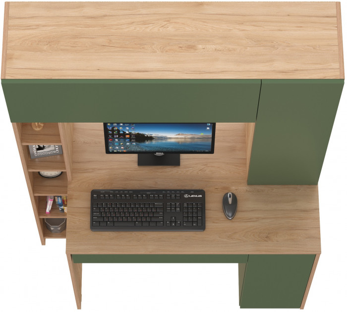 компьютерный стол Комфорт 12.71, гикори рокфорд натуральный/дымчатый зелёный