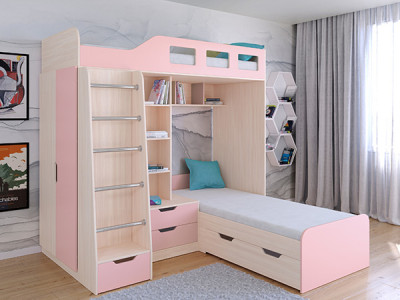 Кровать двухъярусная Астра 4 Дуб молочный/Розовый