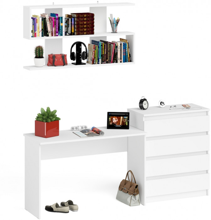Мори Стол письменный МСП1200.1 + Комод МК800.4 + Полка 1200, цвет белый, ШхГхВ 200,8х50х209,6 см., универсальная сборка