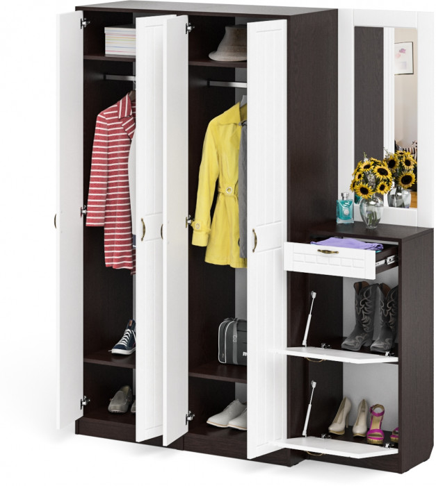 Прихожая П-6 Компоновка № 14, цвет венге/фасады МДФ белое дерево фрезеровка прованс, ШхГхВ 170х50х210 см., универсальная сборка