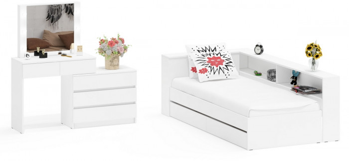Ксения Кровать с ящиками 0900 + прикроватный блок + Столик с подсветкой 110, белый