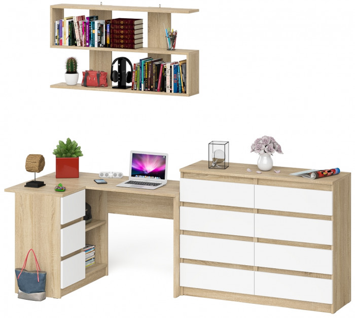Мори компьютерный стол МС-16 левый + Комод МК1200.8 + Полка 1200, дуб сонома/белый