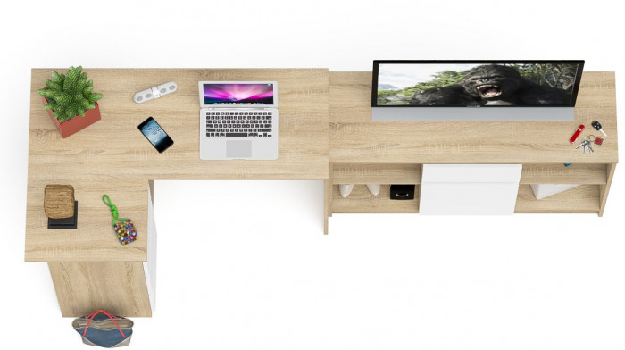 Мори компьютерный стол МС-16 левый + Тумба МТВ1204.1, дуб сонома/белый