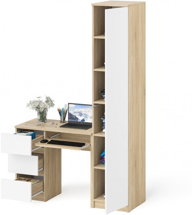 Мори компьютерный стол МС-6 левый + Пенал МШ400.1, дуб сонома/белый
