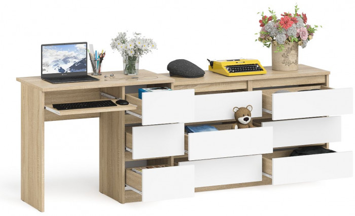 Мори компьютерный стол МС-6 правый + Комод МК1200.6, дуб сонома/белый