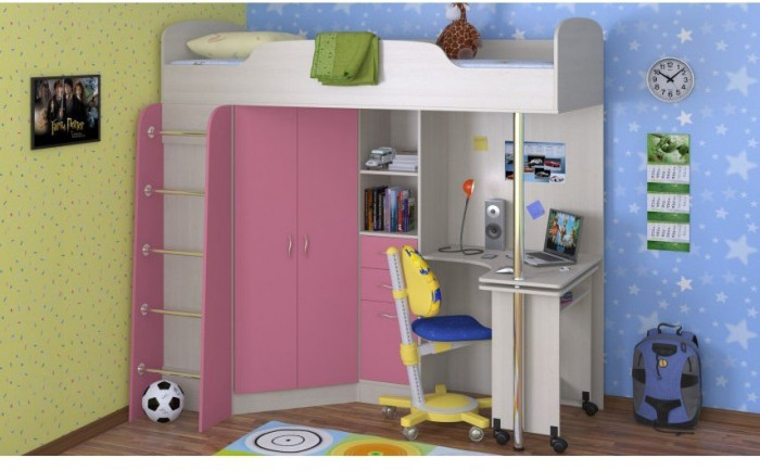 Детская кровать-чердак Теремок-1, Дуб молочный / Розовый