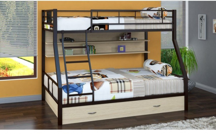 Двухъярусная кровать Гранада-1ПЯ, коричневая / Дуб (Ясень шимо светлый, Черный)