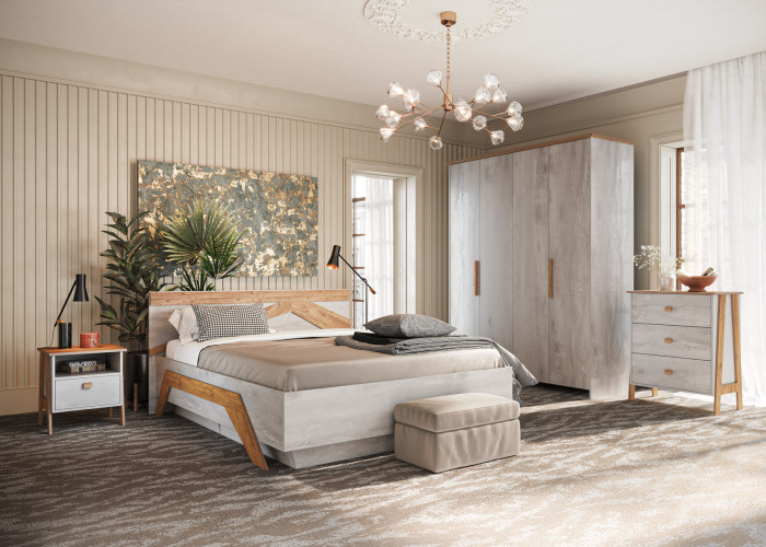 Кровать 120х200 "Скандинавия" с щитовым основанием - Бетон пайн светлый/Дуб наварра