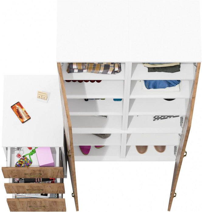 Лидер-8 Пенал МД 22Б + Пенал МД 22Б + Тумба МД 3.16, цвет белый шагрень/крафт золото, ШхГхВ 120х50х190 см., универсальная сборка