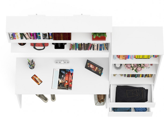 Мори Стол письменный МСП1200.1 + Стеллаж МСТ600.3 + Полка 1200, цвет белый, ШхГхВ 180,8х50х209,6 см., универсальная сборка