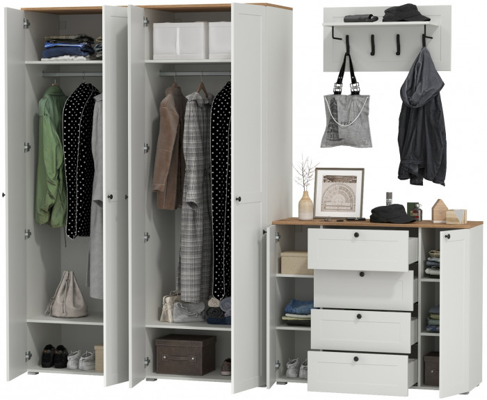 Остин Прихожая 27, цвет белый шагрень/дуб крафт золотой, ШхГхВ 280х54,3х229,6 см., универсальная сборка