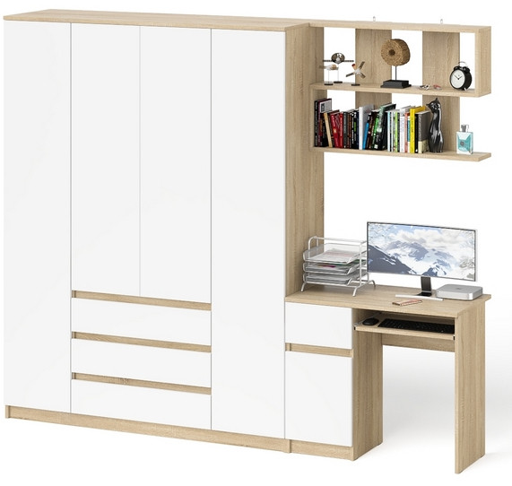 Мори компьютерный стол МС-1 правый + Шкаф МШ1600.1 + Полка 900, дуб сонома/белый