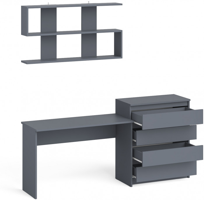 Мори Стол письменный МСП1200.1 + Комод МК800.4 + Полка 1200, цвет графит, ШхГхВ 200,8х50х209,6 см., универсальная сборка