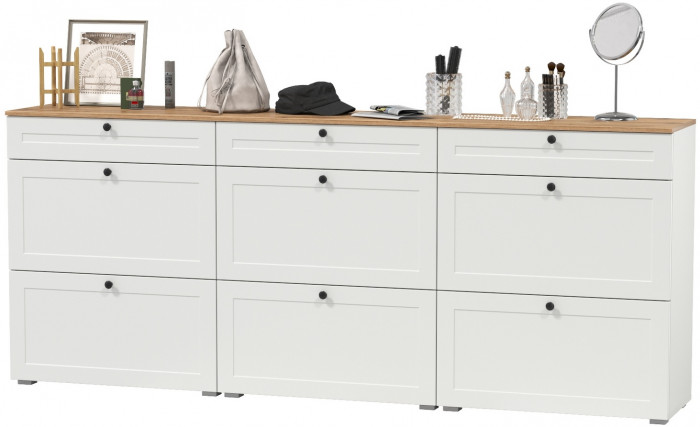 Остин 16.121 Тумба для обуви + 16.121 Тумба д/обуви + 16.121, цвет белый шагрень/серый графит/дуб крафт золотой, ШхГхВ 240х41,6х99,3 см, ун. сб.