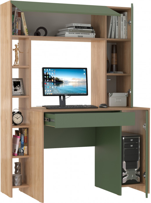 компьютерный стол Комфорт 12.71, гикори рокфорд натуральный/дымчатый зелёный