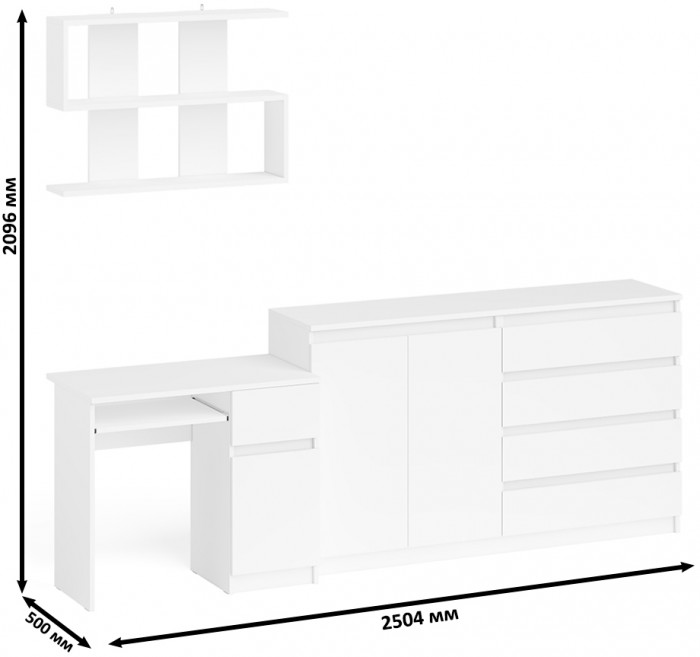 Мори компьютерный стол МС-1 правый + Комод МК1600.1 + Полка 900, белый