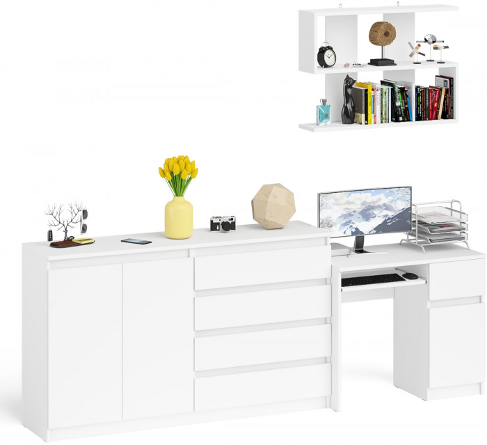 Мори компьютерный стол МС-1 правый + Комод МК1600.1 + Полка 900, белый