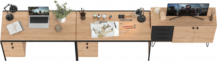 Брюс Стол 12.157 + Комод 16.233 + Стол 12.157, цвет чёрный/Battle rock Santiago/столешница МДФ ель карпатская, 373,4х62,6(38,3)х75(85,6) см., ун. сб.