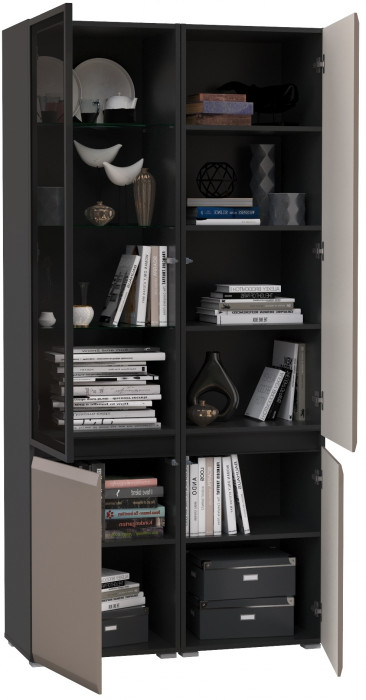 Сидней 13.200 Шкаф + Шкаф-витрина 13.201, цвет корпус: антрацит/фасады: МДФ веллюто капучино/стекло, ШхГхВ 100х41,3х205,2 см., универсальная сборка