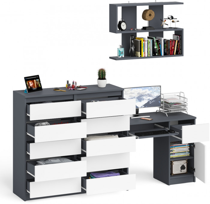 Мори Стол компьютерный МС-1 правый + Комод МК1200.10 + Полка 900, цвет графит/белый, ШхГхВ 210,4х50х209,6 см., НЕ универсальная сборка
