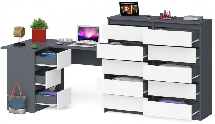 Мори Стол компьютерный МС-16 левый + Комод МК1200.10, цвет графит/белый, ШхГхВ 244,8х84,9х115 см., выдвижные ящики слева, НЕ универсальная сборка