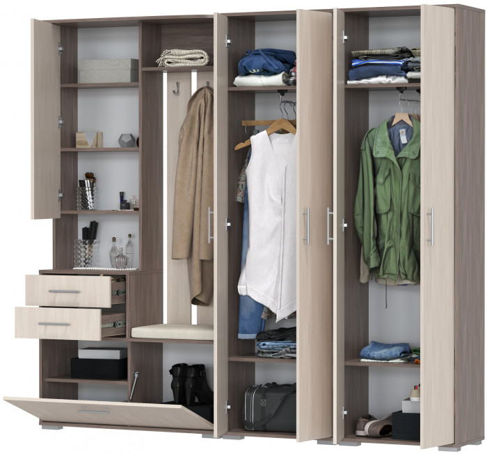 Прихожая Домино 4, цвет бодега тёмный/бодега светлый, ШхГхВ 220х36х202 см., универсальная сборка