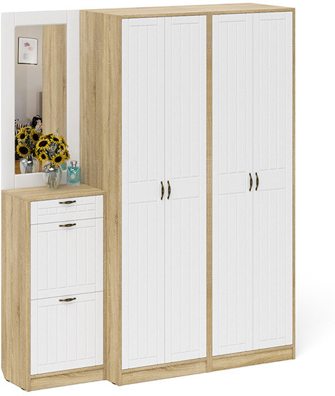 Прихожая П-6 Компоновка № 14, цвет дуб сонома/фасады МДФ белое дерево фрезеровка прованс, ШхГхВ 170х50х210 см., универсальная сборка