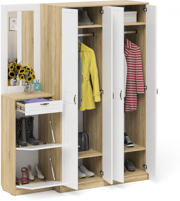 Прихожая П-6 Компоновка № 14, цвет дуб сонома/фасады МДФ белое дерево фрезеровка прованс, ШхГхВ 170х50х210 см., универсальная сборка