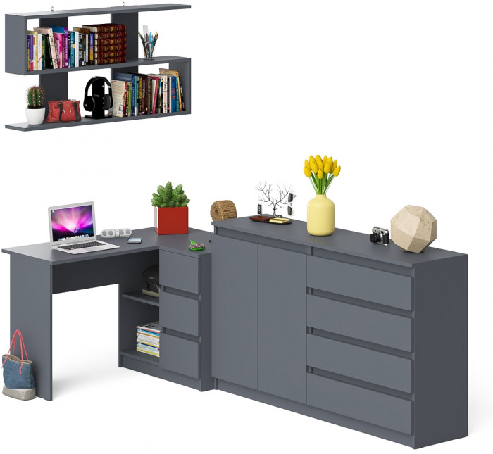 Мори компьютерный стол МС-16 правый + Комод МК1600.1 + Полка 1200, графит