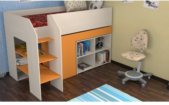 Детская кровать-чердак Теремок-2, Дуб молочный / Оранжевый