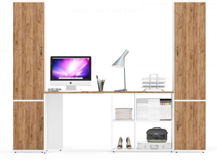 Лидер-8 Пенал МД 22Б + Стол + Пенал 21Б, цвет белый шагрень/крафт золото, ШхГхВ 245х50/37,5х75/190 или 155х120/50х75/190 см., НЕ универсальная сборка